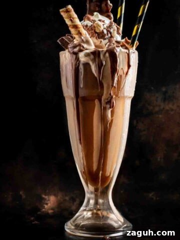 Nutella milkshake in a milkshake glass on a dark background.