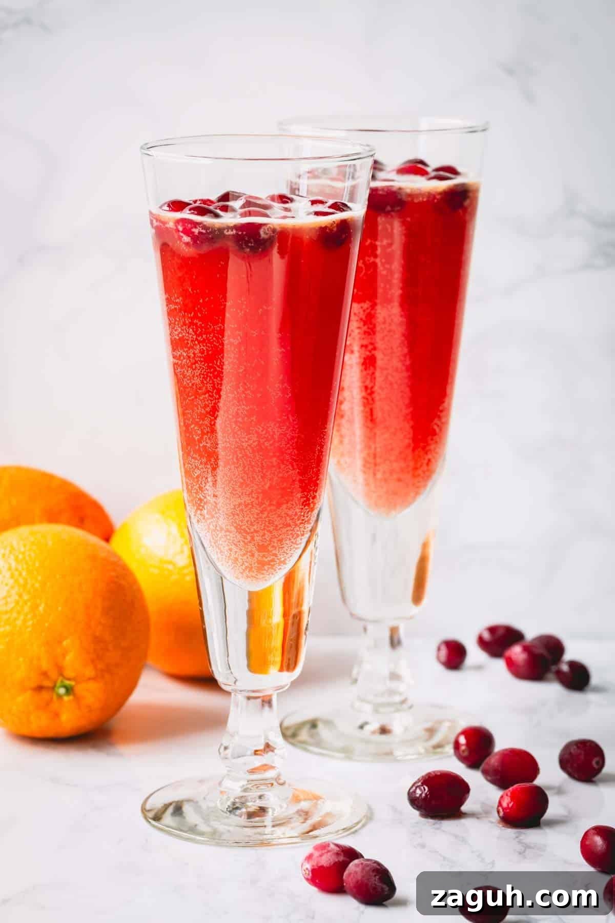 Sparkling Orange Cranberry Spritzer Recipe for Holiday Parties 8 Two glasses of orange cranberry spritzer with oranges and pomegranates scattered around.