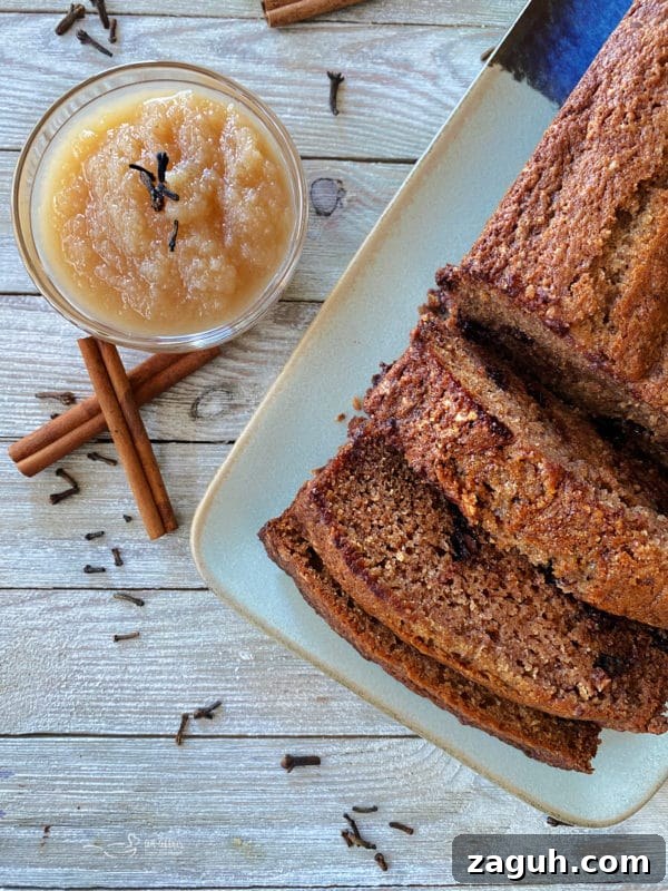 Chocolate Chip Applesauce Bread Recipe for Moist Loaves 2 top view of loaf of applesauce bread with applesauce and cinnamon sticks