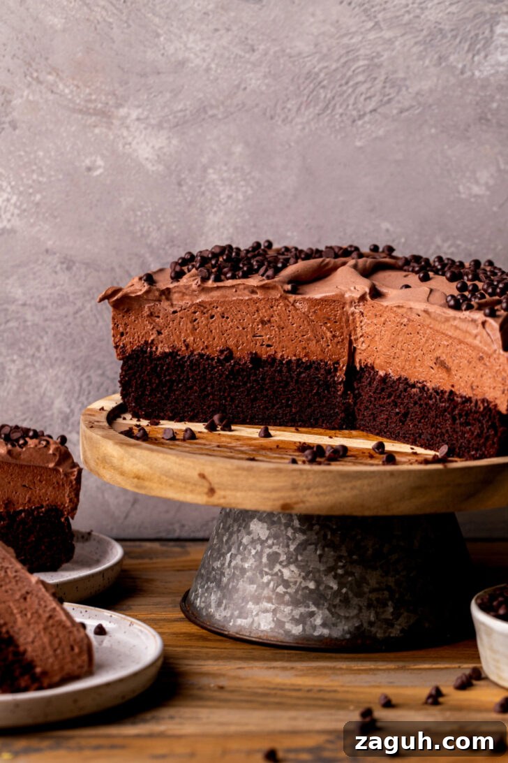 Decadent Chocolate Mousse Cake Recipe for Chocolate Lovers 11 Cake split open on a cake stand.