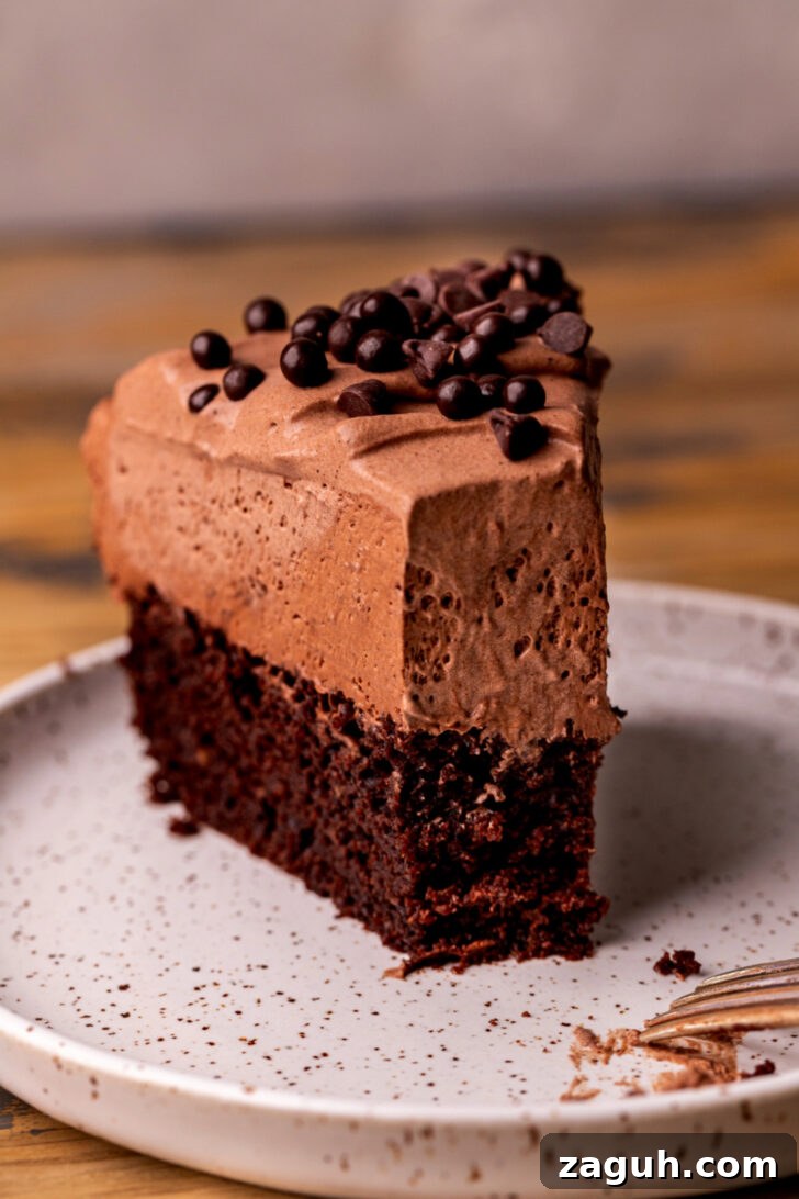 Decadent Chocolate Mousse Cake Recipe for Chocolate Lovers 13 Bite missing chocolate mousse cake.