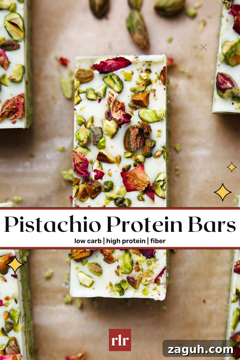 Homemade Pistachio Protein Bars Recipe for High-Energy Snacks 17 Pinterest-style image showing pistachio protein bars with text overlay reading 'Pistachio Protein Bars - low carb | high protein | fiber