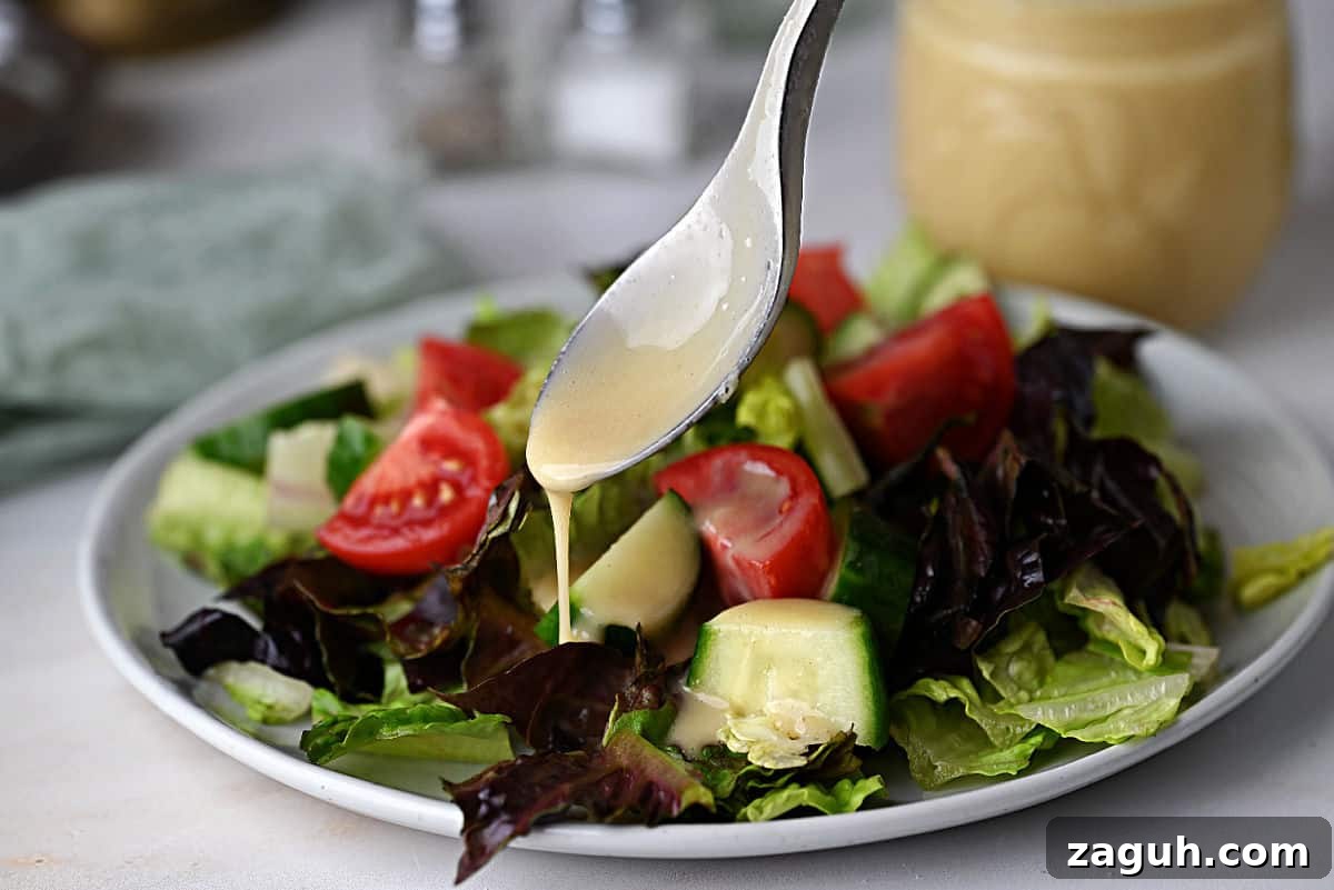 Zesty Honey-Lime Salad Dressing Recipe for Fresh Greens 2 A spoon full of honey lime dressing getting drizzled onto a green salad.