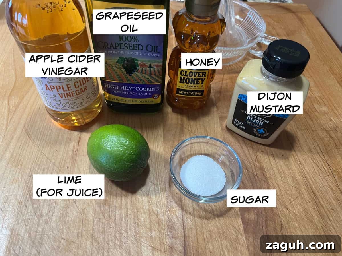 Zesty Honey-Lime Salad Dressing Recipe for Fresh Greens 3 Ingredients: apple cider vinegar, grapeseed oil, honey, Dijon mustard, sugar, and lime.