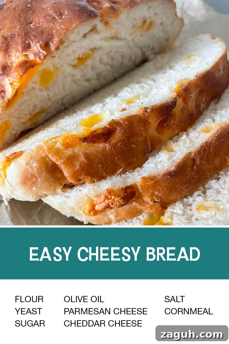 Cheesy Garlic Pull-Apart Bread Recipe 9 Pinterest picture of Easy Cheesy Bread with the text of the ingredients at the bottom and the text of the title above the ingredients list.