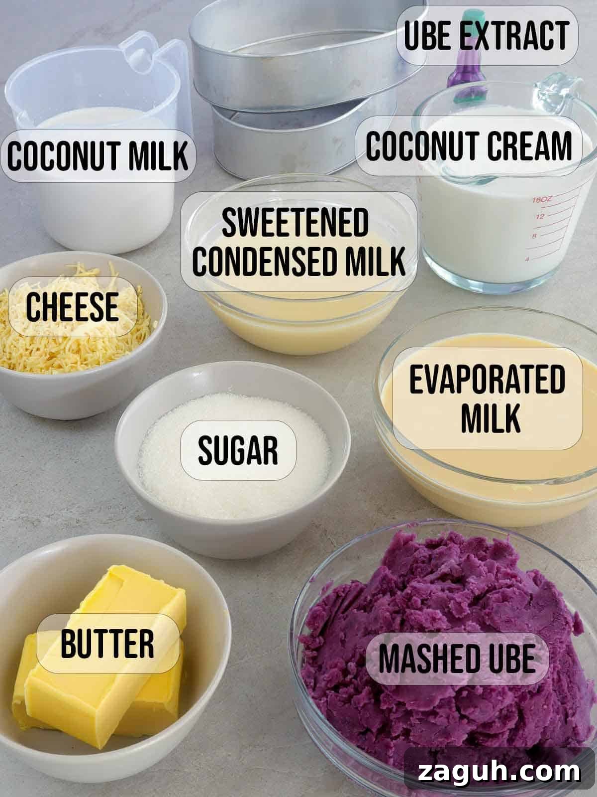 Ube Halaya Recipe: How to Make Creamy Filipino Purple Yam Dessert 3 mashed ube, condensed milk, evaporated milk, butter, sugar, cheese, coconut milk in bowls.