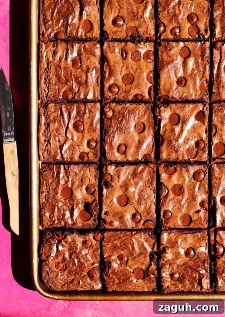 Chewy Sheet-Pan Brownies: One-Pan Recipe for Fudgy Bars 10 sheet pan brownies sliced in pan