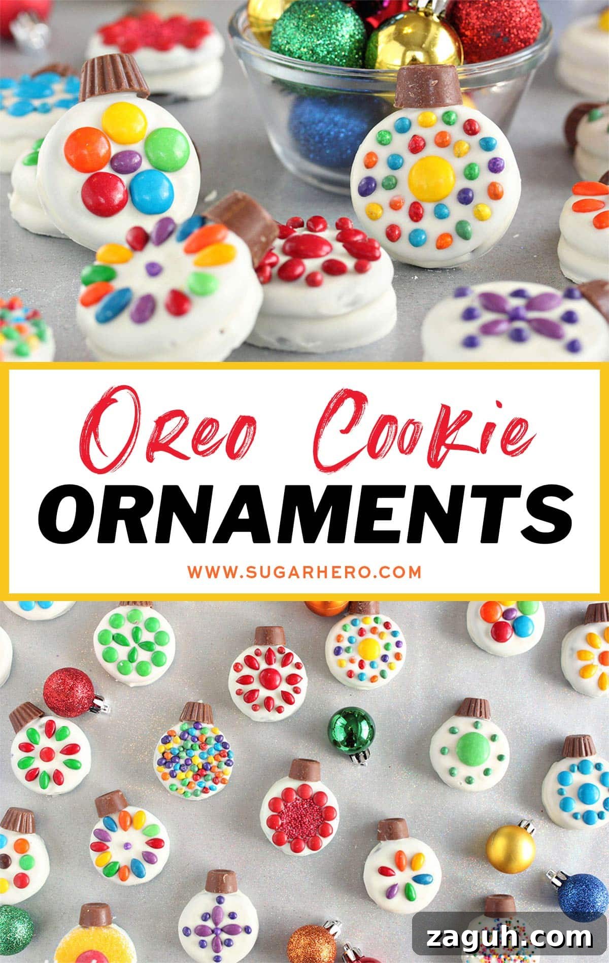 DIY Oreo Cookie Christmas Ornaments: Festive Homemade Ideas 13 Two photo collage of Oreo Cookie Christmas Ornaments with text overlay for Pinterest.
