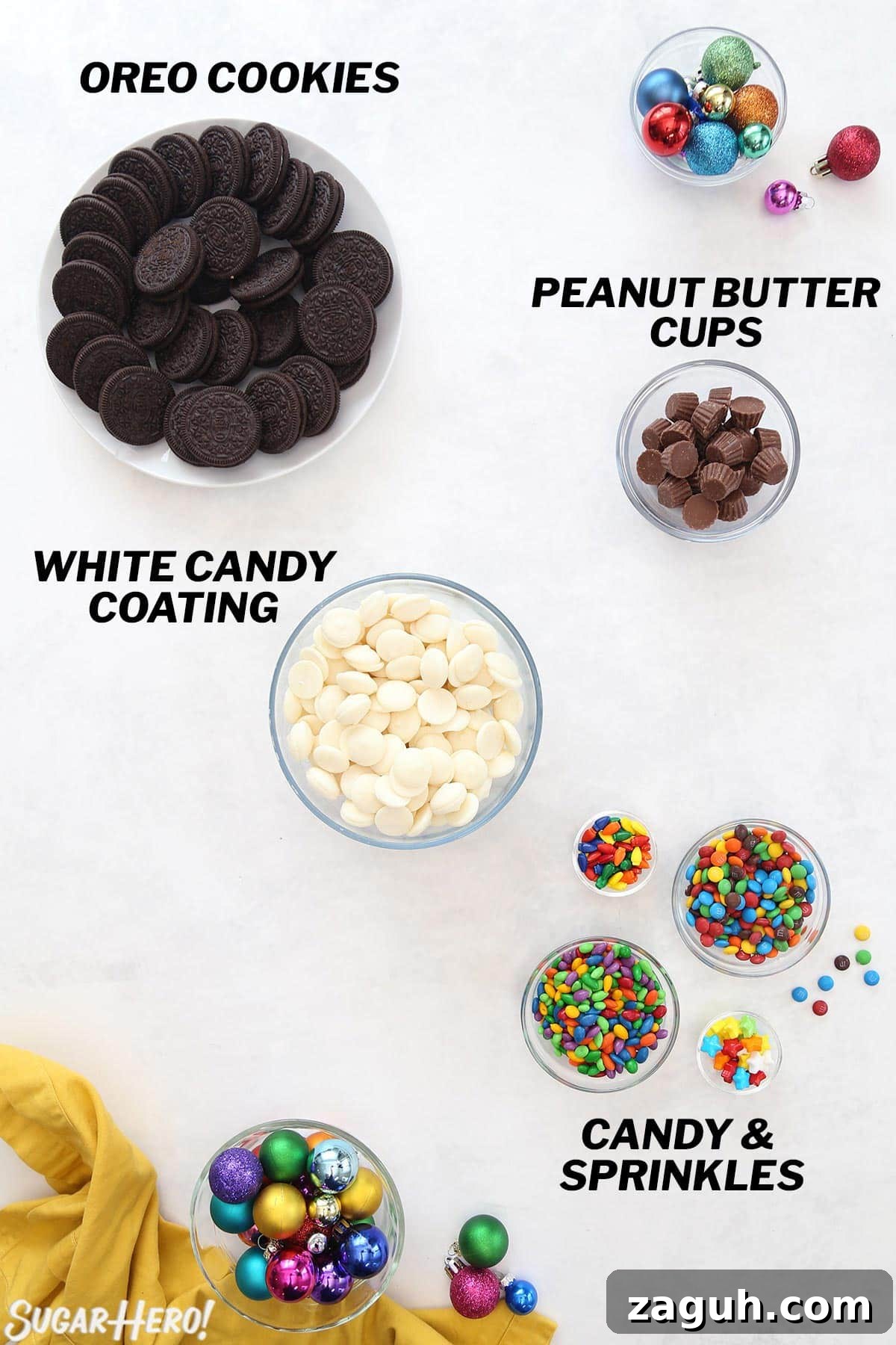 DIY Oreo Cookie Christmas Ornaments: Festive Homemade Ideas 3 Overhead shot of ingredients needed to make Oreo Cookie Christmas Ornaments.