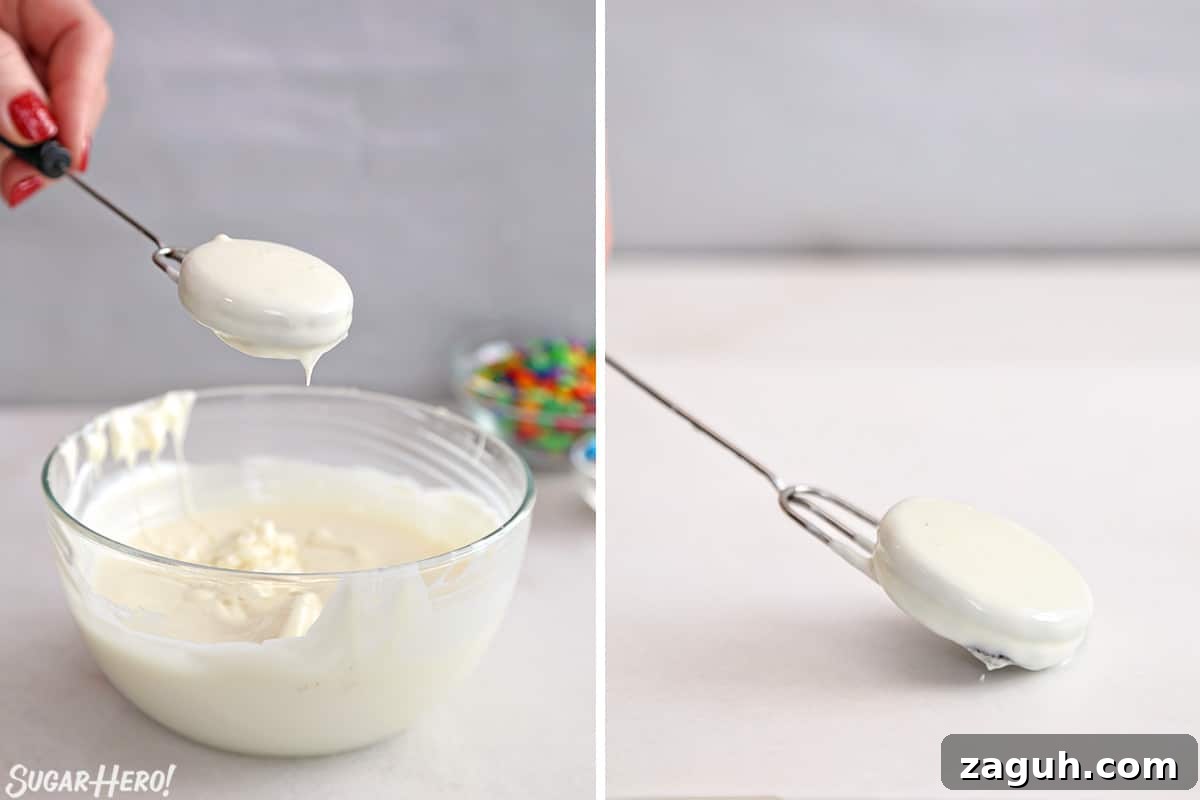 DIY Oreo Cookie Christmas Ornaments: Festive Homemade Ideas 6 Two photo collage showing how to dip Oreo cookies in white chocolate.