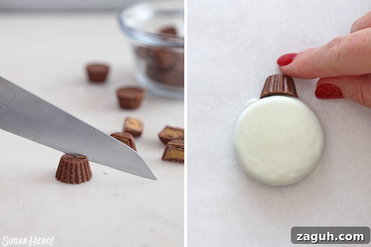 DIY Oreo Cookie Christmas Ornaments: Festive Homemade Ideas 7 Two photo collage showing how to add peanut butter cups to Oreo Cookie Christmas Ornaments.