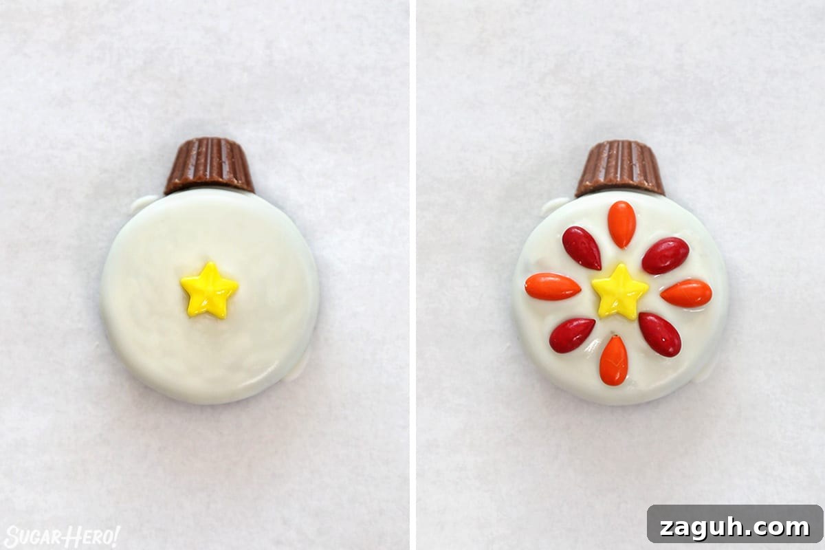 DIY Oreo Cookie Christmas Ornaments: Festive Homemade Ideas 8 Two photo collage showing how to decorate Oreo Cookie Christmas Ornaments.