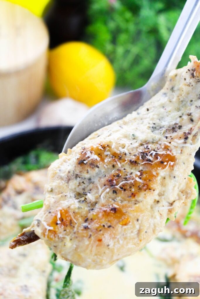 Tuscan-Style Creamy Garlic Chicken with Sun-Dried Tomatoes 12 spoon with a piece of chicken on it sitting above a pan