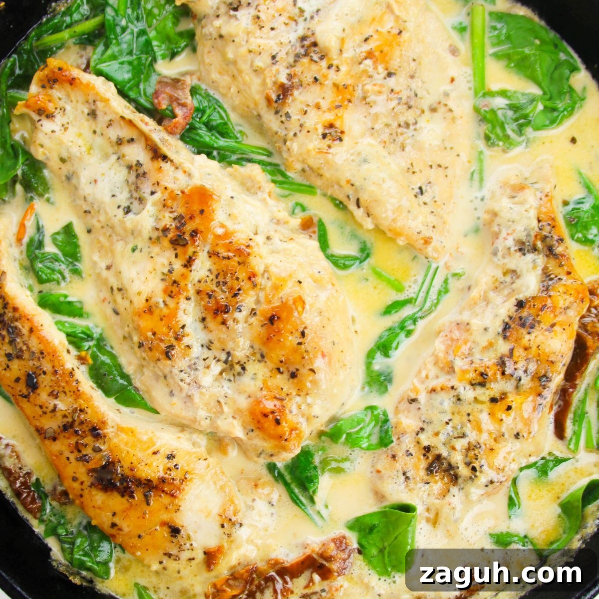 Tuscan-Style Creamy Garlic Chicken with Sun-Dried Tomatoes 14 Tuscan Chicken in a pan with sauce and spinach on it