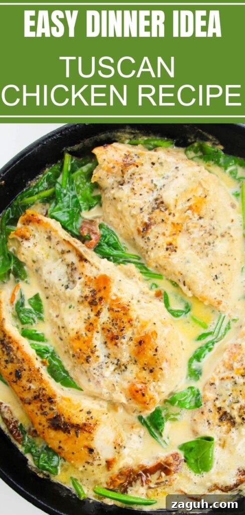 Tuscan-Style Creamy Garlic Chicken with Sun-Dried Tomatoes 15 pinterest image of chicken in pan with a creamy sauce and spinach in pan