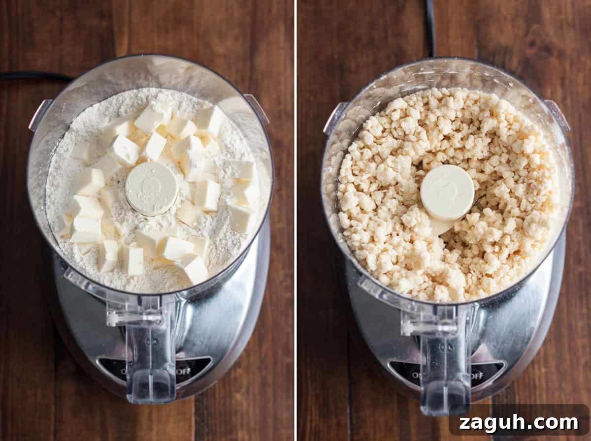 Classic Homemade Custard Pie Recipe for Rich, Creamy Filling 4 Collage of 2 photos showing pie dough being made in a food processor.