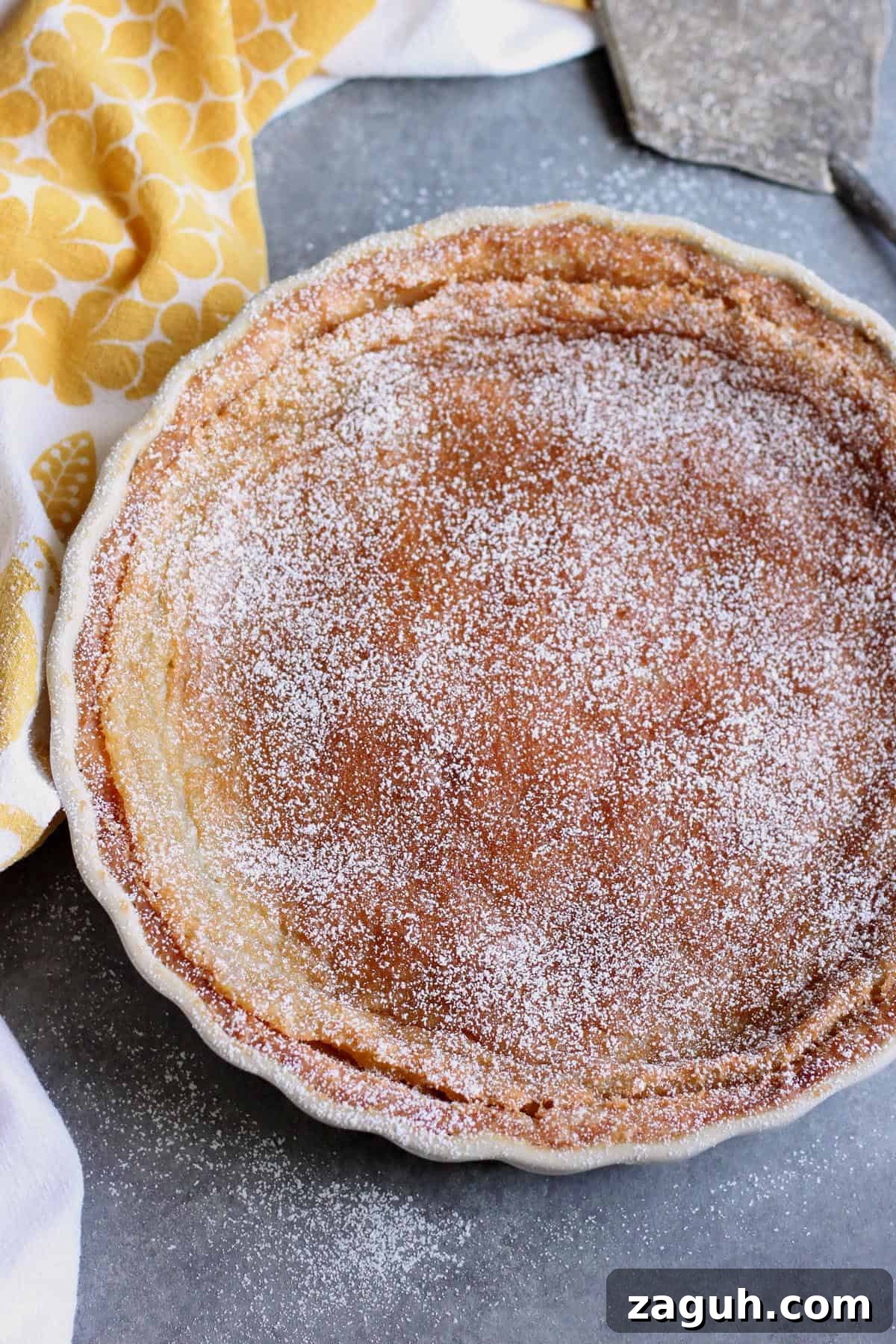 Classic Homemade Custard Pie Recipe for Rich, Creamy Filling 8 A baked custard tart with powdered sugar on top.