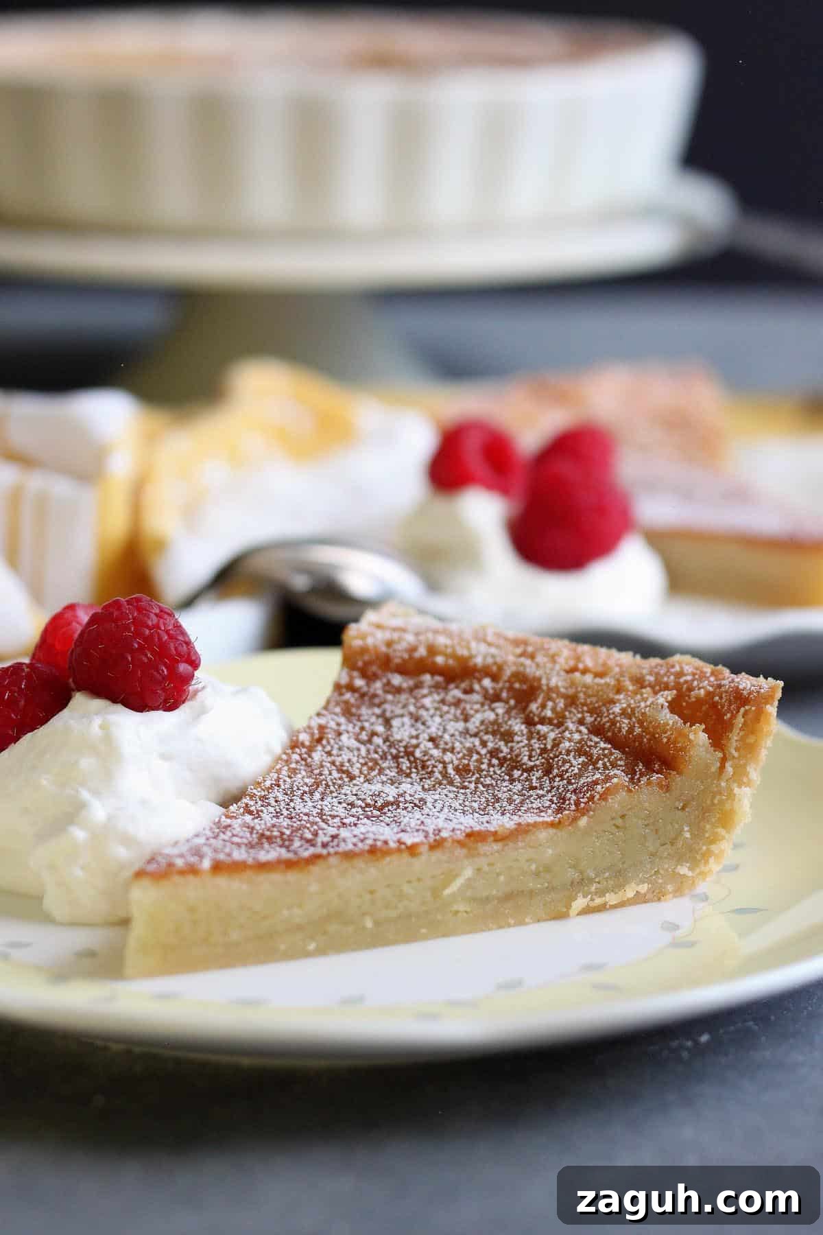 Classic Homemade Custard Pie Recipe for Rich, Creamy Filling 9 A slice of my custard pie on a plate with whipped cream and raspberries.