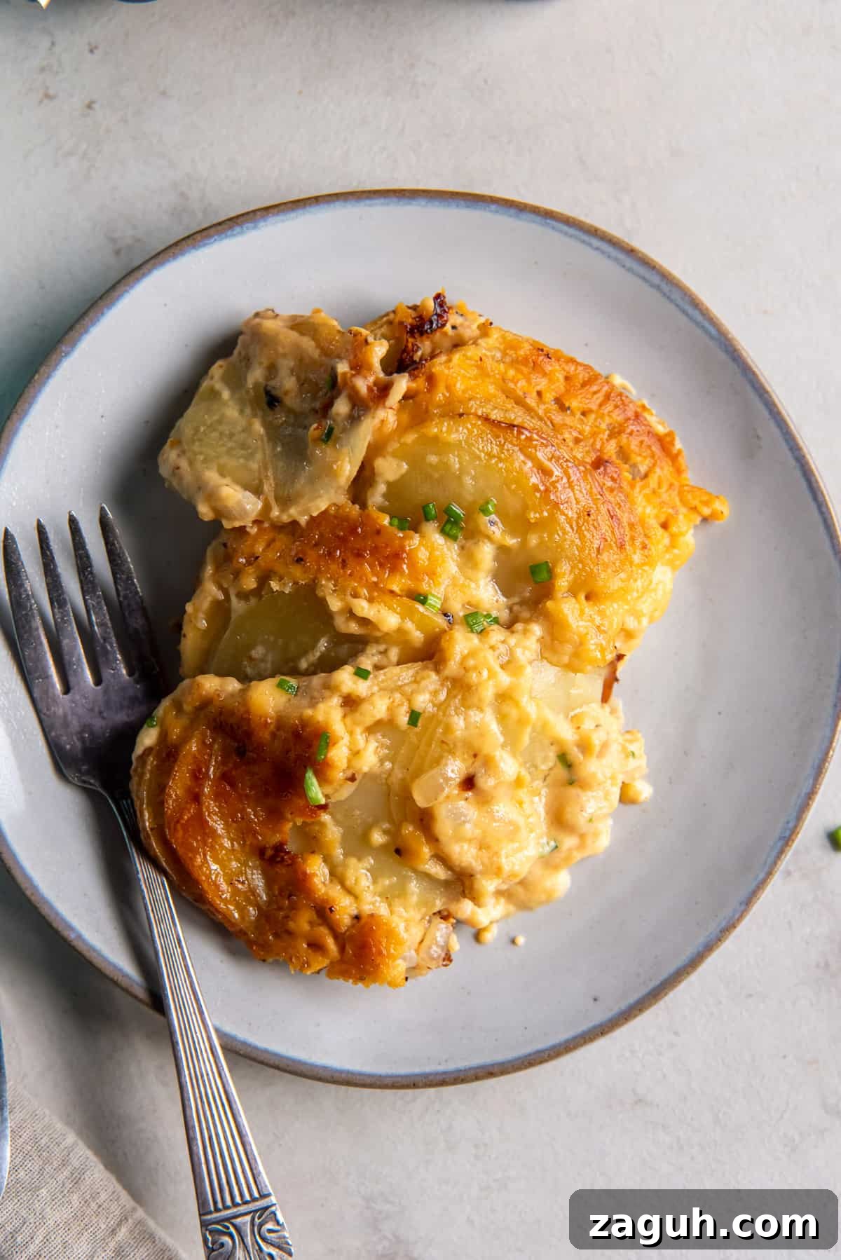 Creamy Scalloped Potatoes au Gratin Recipe 11 A serving of cheesy au gratin potatoes on a white plate with a fork.