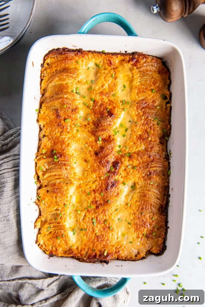 Creamy Scalloped Potatoes au Gratin Recipe 12 A top down shot of au gratin potatoes in a baking dish with blue handles next to a grey cloth.