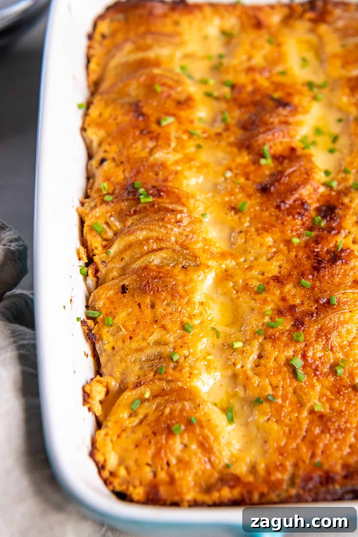 Creamy Scalloped Potatoes au Gratin Recipe 3 A close up top down shot of au gratin potatoes with a golden, cheesy top in a white baking dish.