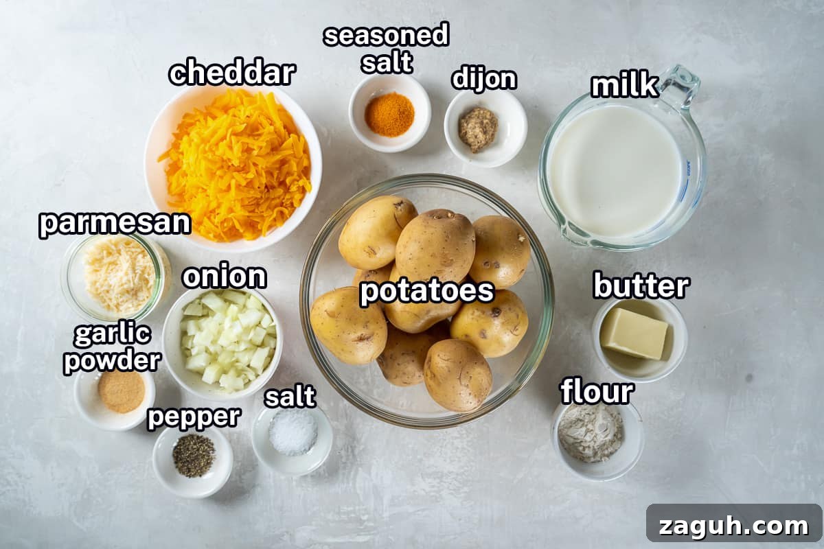 Creamy Scalloped Potatoes au Gratin Recipe 4 Potatoes, cheese, milk and other ingredients in small bowls with text.