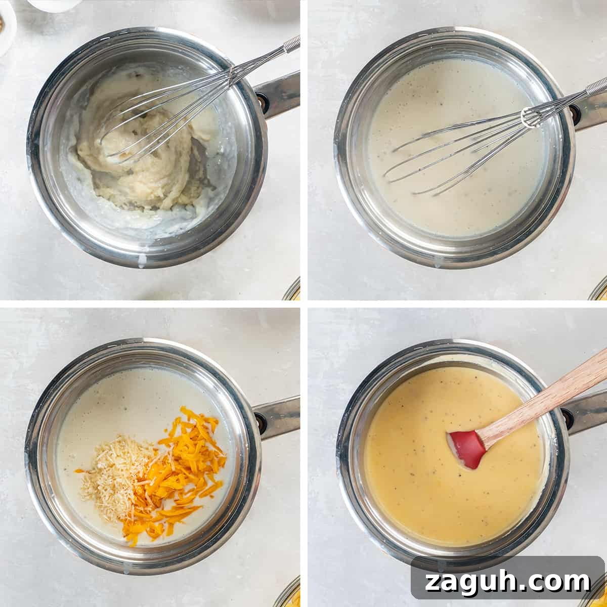 Creamy Scalloped Potatoes au Gratin Recipe 7 Four images showing butter a flour whisked with milk and cheese to make a bechamel cheese sauce.