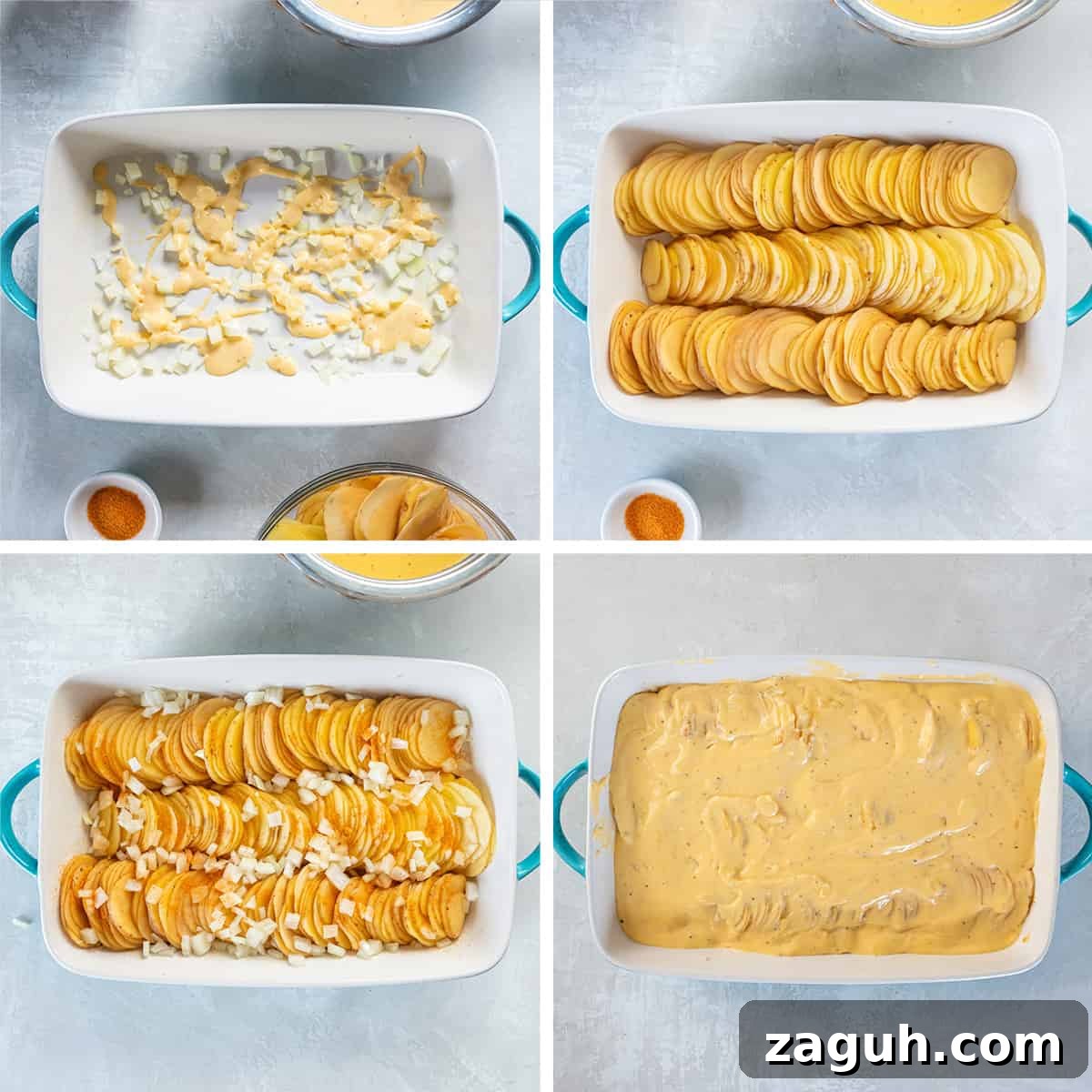 Creamy Scalloped Potatoes au Gratin Recipe 8 Four images showing onions and potatoes layered in a baking dish and topped with cheese sauce.