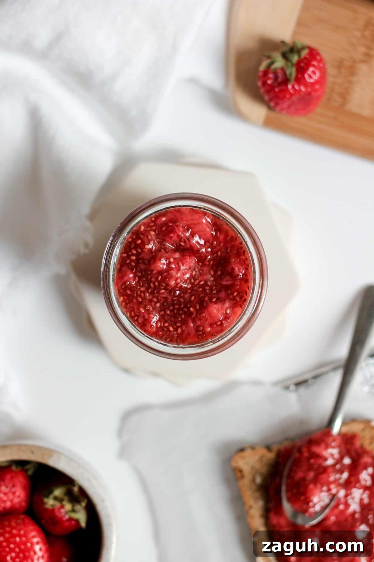 4 Ingredient Strawberry Chia Seed Jam Glass Jar of Homemade Fruit Spread, Healthy Berry Jam