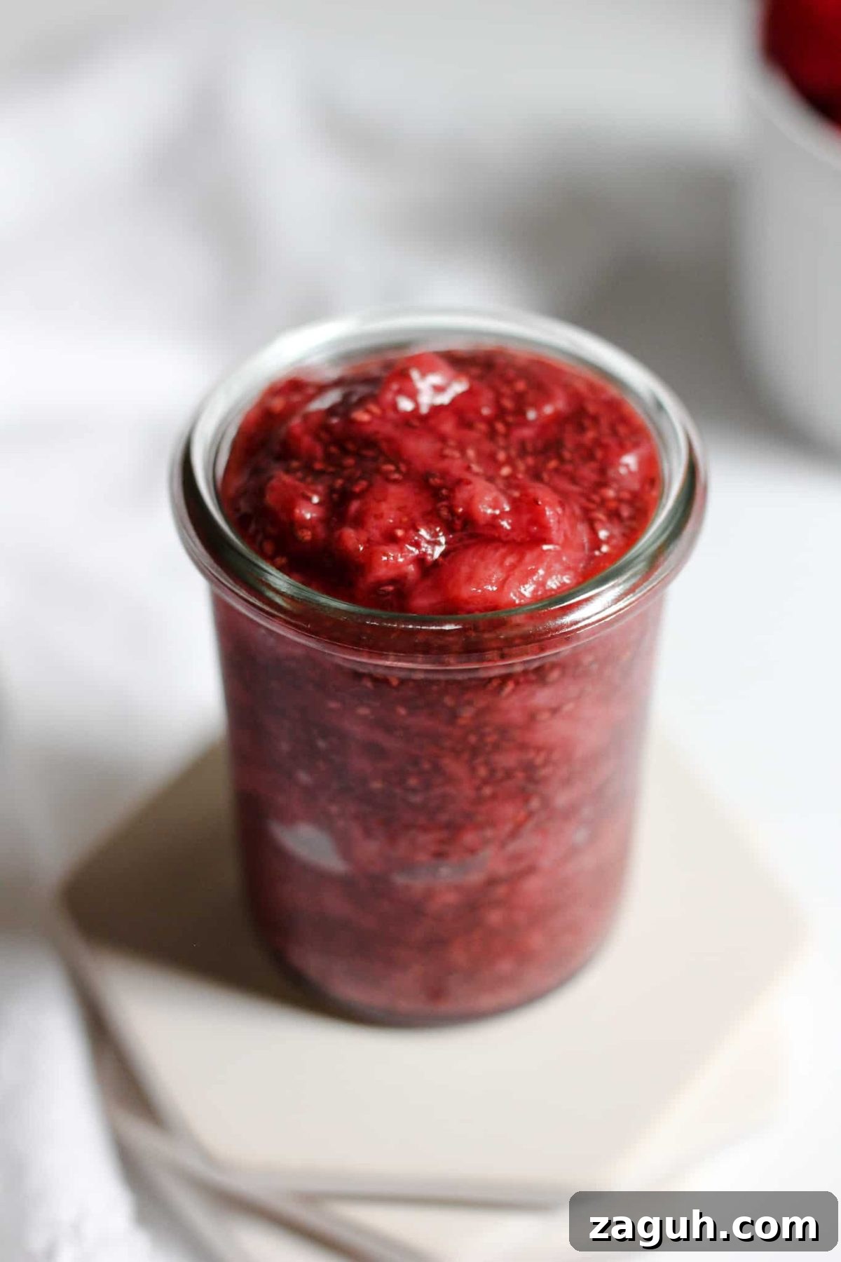 Strawberry Chia Seed Jam Glass Jar of Homemade Fruit Spread, Healthy Berry Jam