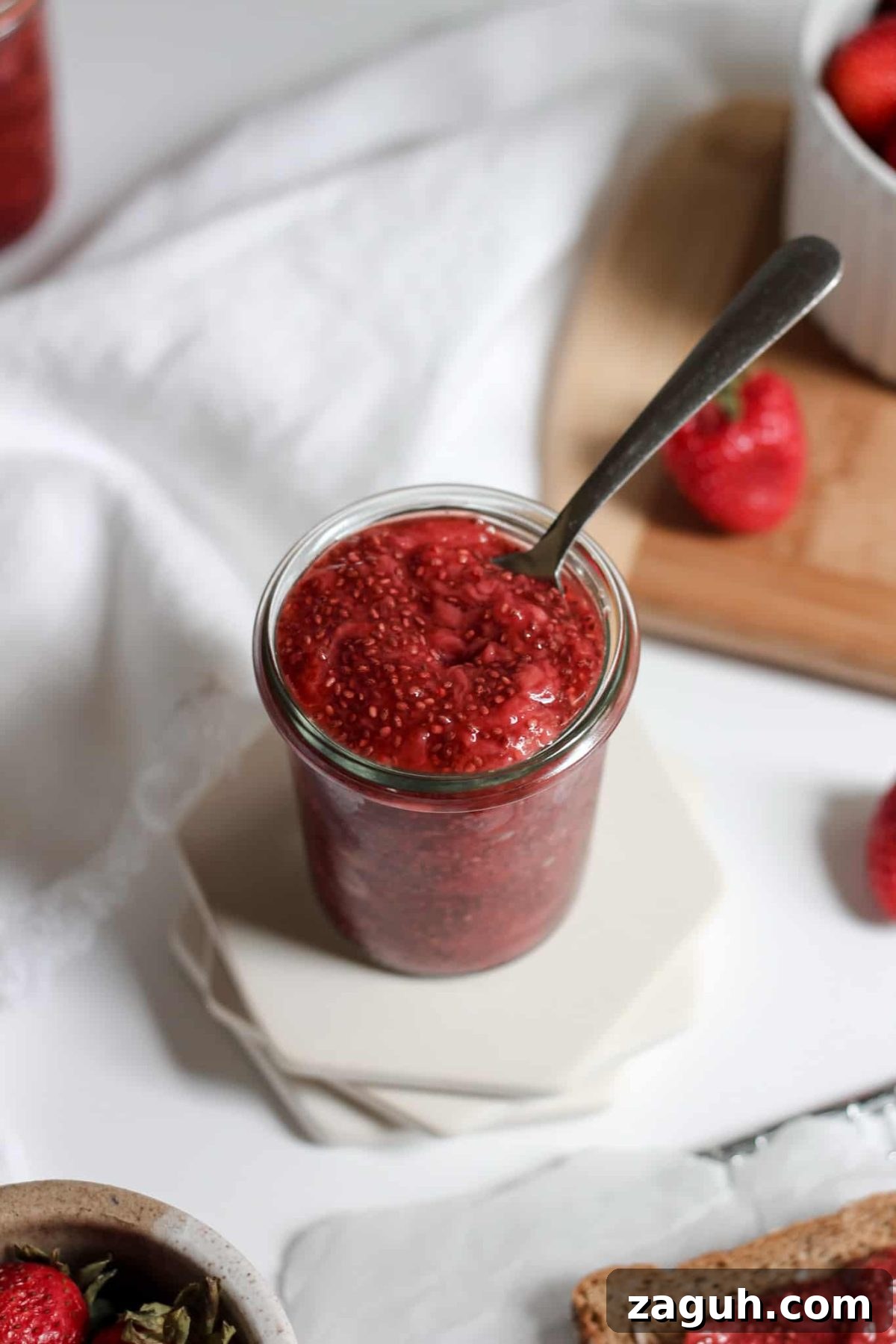 Strawberry Chia Jam Glass Jar of Homemade Fruit Spread, Healthy Berry Jam