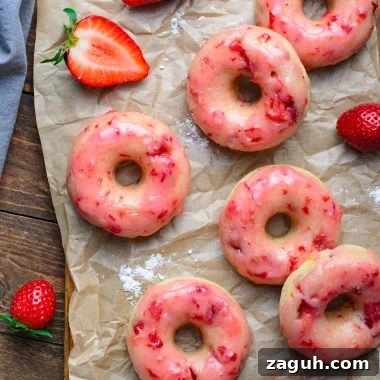 a batch of baked strawberry glazed donuts shown on crinkled brown parchment paper with fresh berries in the background