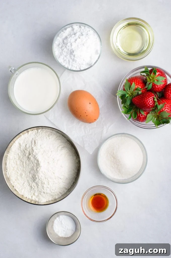 Strawberry-Glazed Baked Donuts: Light, Fruity Recipe 4 overhead show showing the ingredients needed for a batch of strawberry glazed donuts