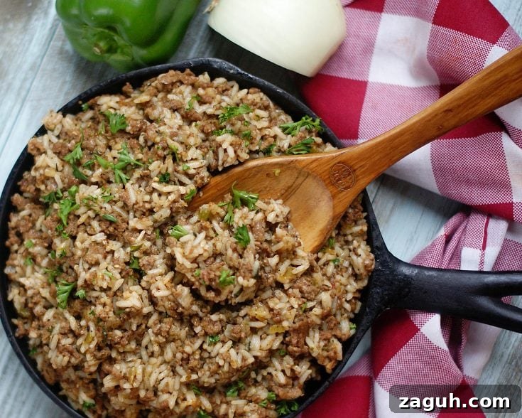 A finished skillet of Dirty Rice.