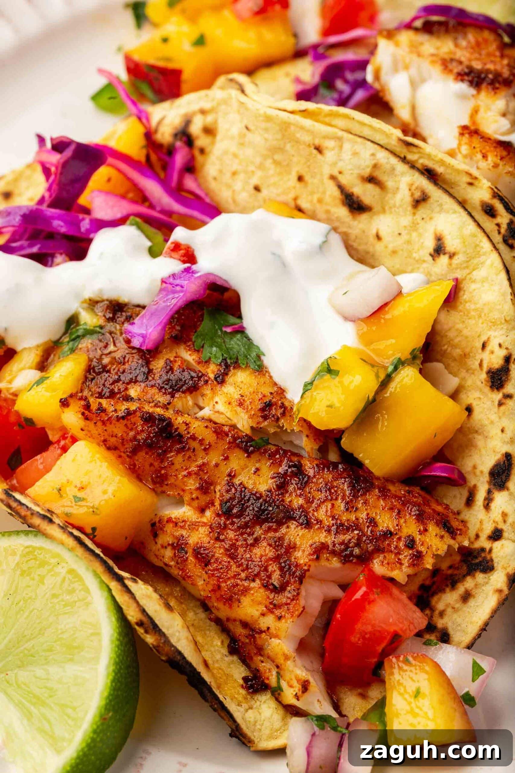 Crispy Tilapia Fish Tacos with Zesty Lime Slaw 2 A close up of a tilapia fish taco topped with crema, fruit salsa, red cabbage slaw and cilantro on charred corn tortilla.