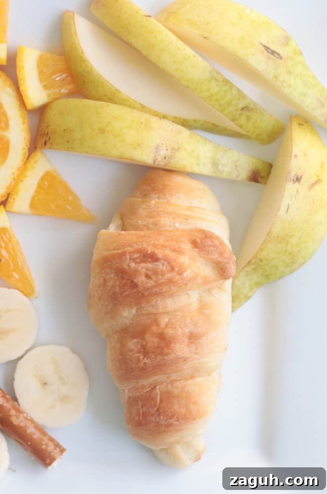 Butterfly Life Cycle Lunch Activity for Preschoolers (Video) 4 mini croissant and pear slices