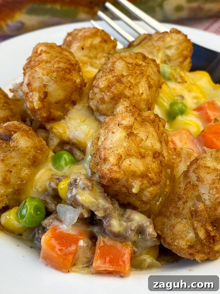 Cheesy Hamburger and Tater Tot Casserole Recipe That Families Love 4 Melted cheese and cream of chicken mushroom soup in the center of hamburger, mixed veggies and golden tater tots