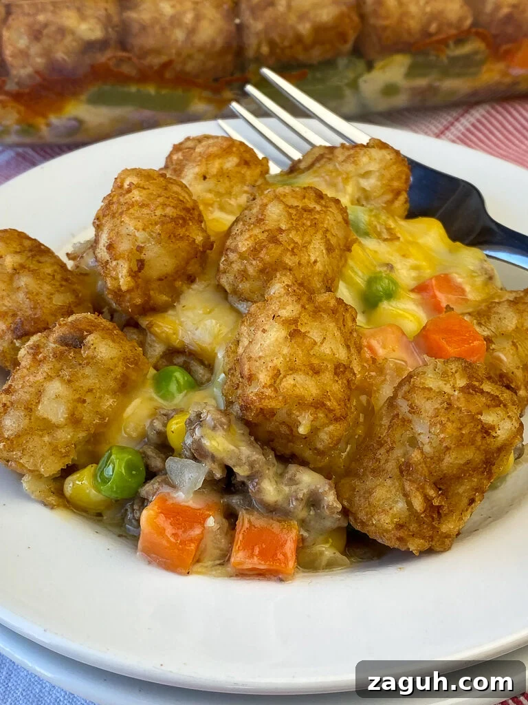 Cheesy Hamburger and Tater Tot Casserole Recipe That Families Love 7 Close up of delicious golden tater tots on a bed of mixed vegetables and ground beef with cheese