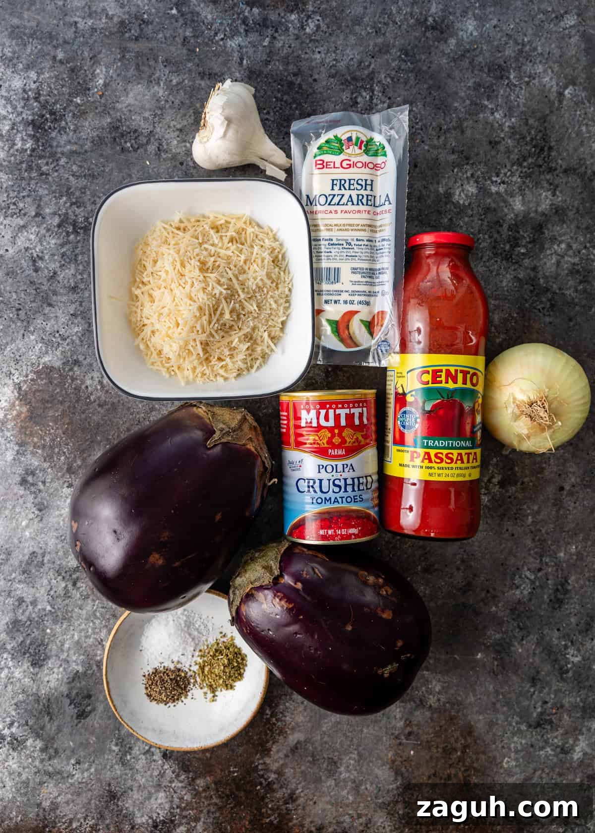 Classic Eggplant Parmigiana Recipe: Authentic Italian Parmigiana di Melanzane 4 overhead: ingredients to make the eggplant parmigiana recipe