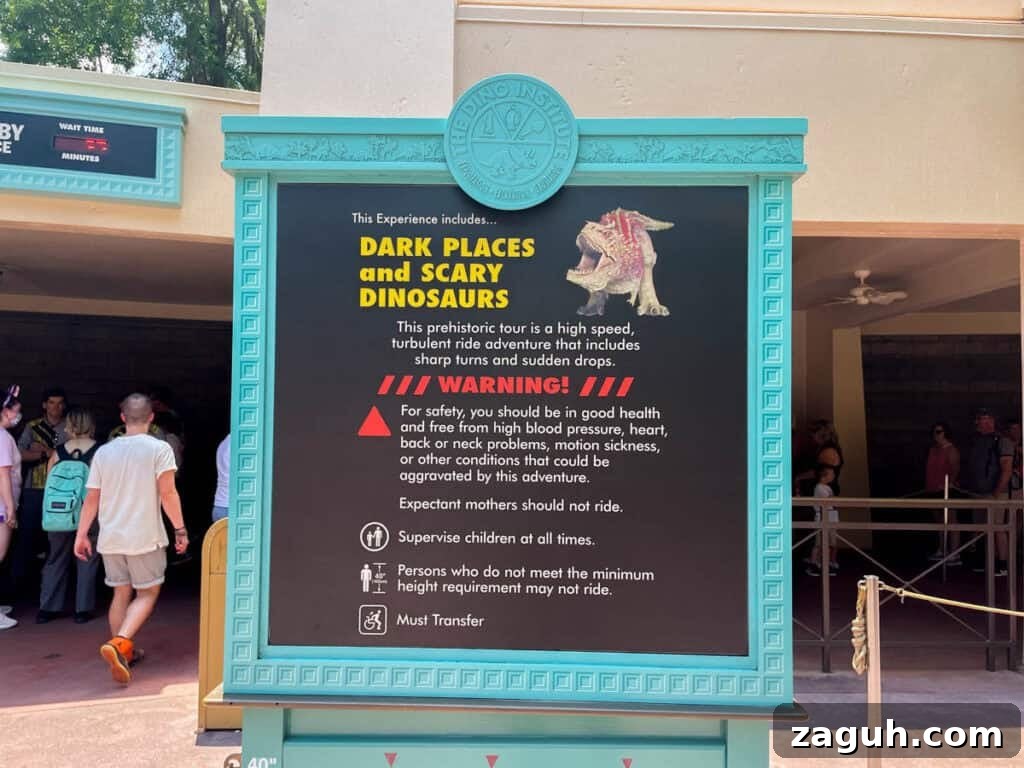 Dinosaurs of the Animal Kingdom: Discover Their World 6 warning sign for Dinosaur ride.