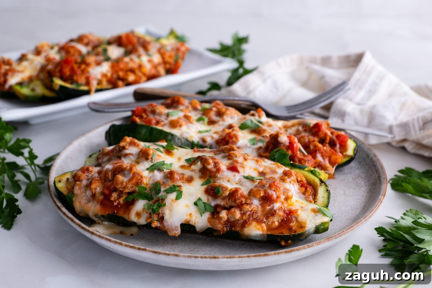 Turkey-Stuffed Zucchini Boats Recipe for Weeknight Dinners 6 Side view of turkey stuffed zucchini boats