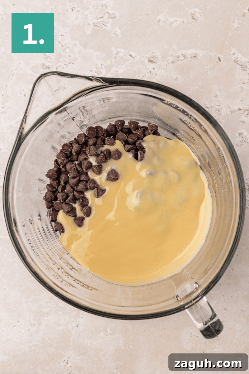 A glass mixing bowl containing chocolate chips and sweetened condensed milk sits on a light countertop. A green box with the number 1 is in the upper left corner, indicating the first step of a recipe.