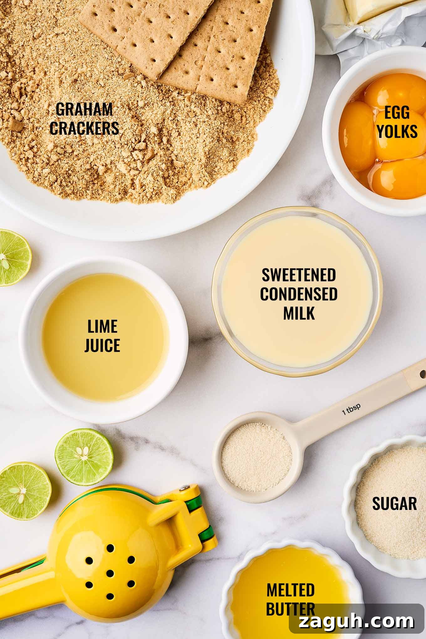 Ingredients for Florida Key lime pie including graham crackers, lime juice, egg yolks, sweetened condensed milk, sugar, and melted butter.