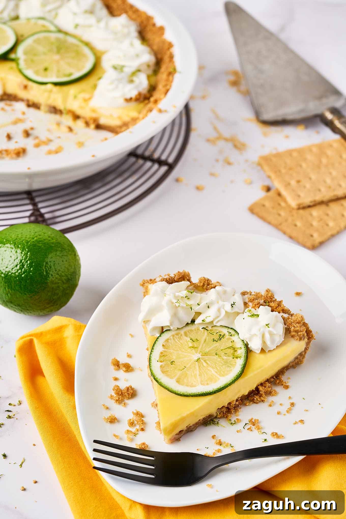 Slice of Florida Key lime pie with graham cracker crust, topped with whipped cream and lime slice on a white plate.