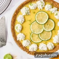 Florida Key lime pie with graham cracker crust, topped with whipped cream and lime slices in a white pie plate.
