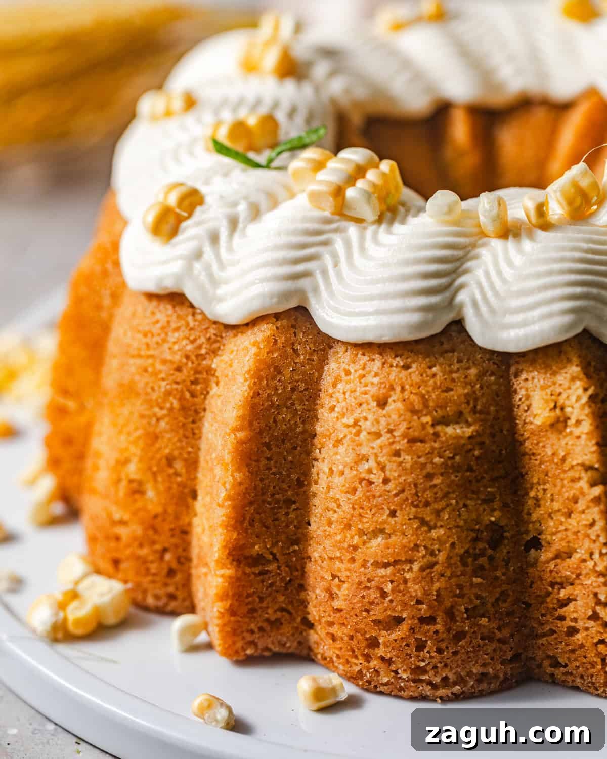 Moist Corn Pound Cake Recipe with Creamy Cornmeal Crumble 10 up close photo of corn pound cake on a white plate topped with fresh corn and honey buttercream.