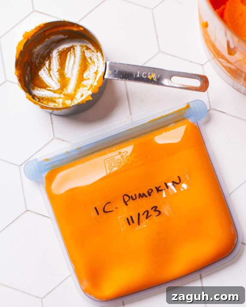 Frozen canned pumpkin puree with a measuring cup.