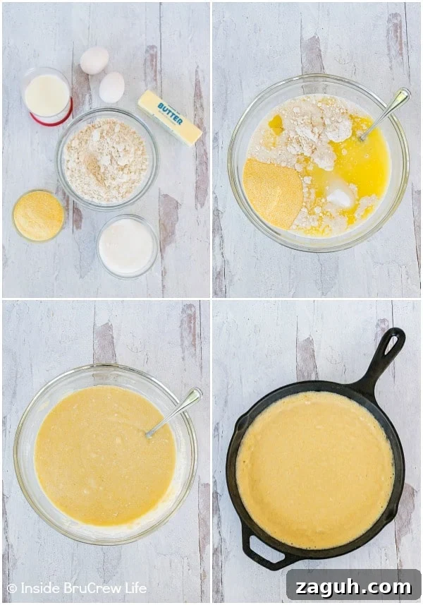Easy Skillet Cornbread - this cornbread is easy to make with ingredients from your pantry. Make and serve this recipe with chili, soup, or pork. Four pictures of how to make easy skillet cornbread collaged together