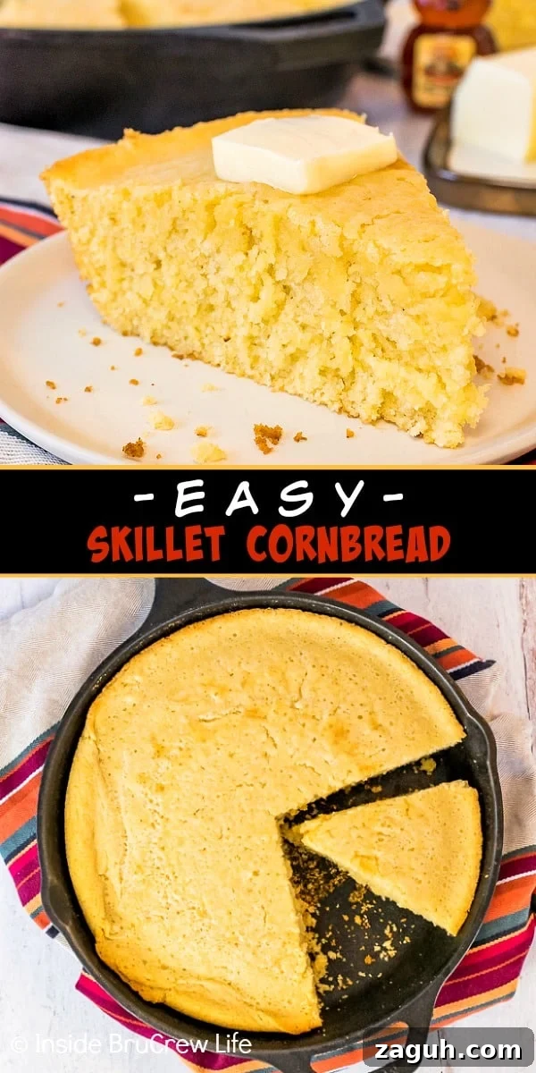 Easy Skillet Cornbread - this easy cornbread can be made with simple ingredients found in your pantry. It is a great recipe to serve with chili, pork, or soups. Two pictures of easy skillet cornbread collaged together with a black text box