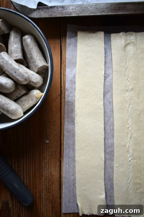 Festive Sausage Roll Christmas Tree Recipe Tutorial 7 Cutting strips of pastry.